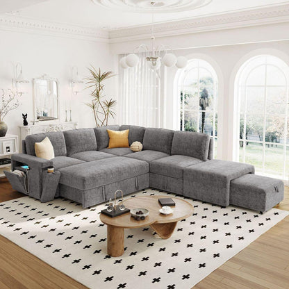 L-shaped Padded Modular Sofa with Storage Space, USB Ports, and Cup Holders on the Armrests, Suitable for Living Rooms, Offices, and Apartments.