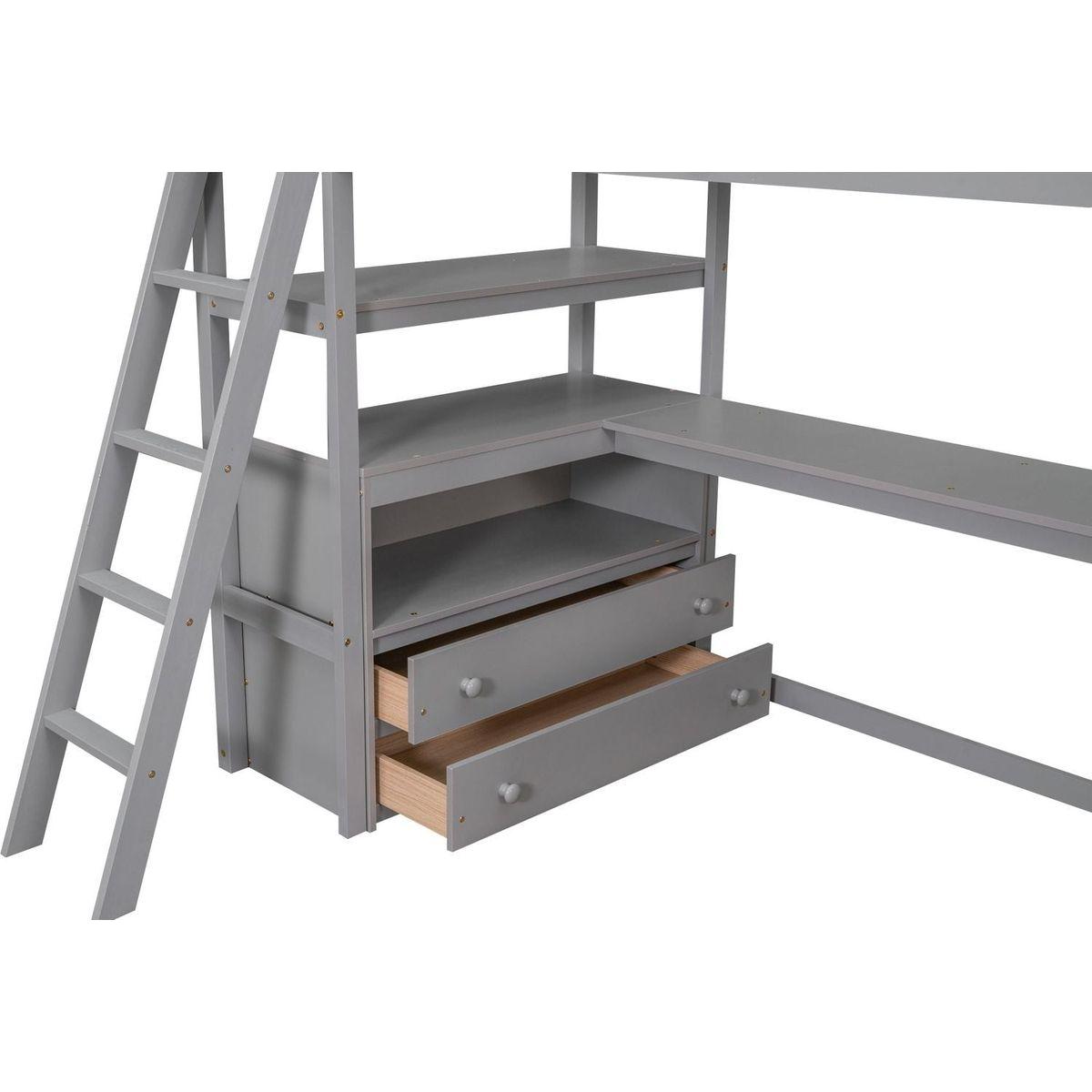 Twin Size Loft Bed with Desk and Shelves, Two Built-in Drawers, Gray