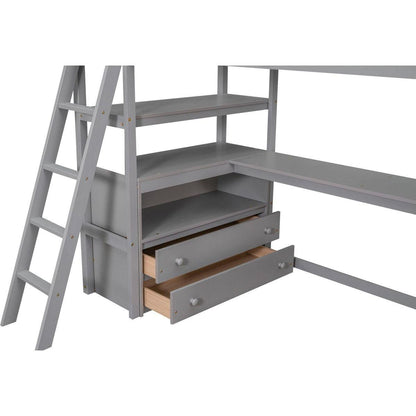 Twin Size Loft Bed with Desk and Shelves, Two Built-in Drawers, Gray
