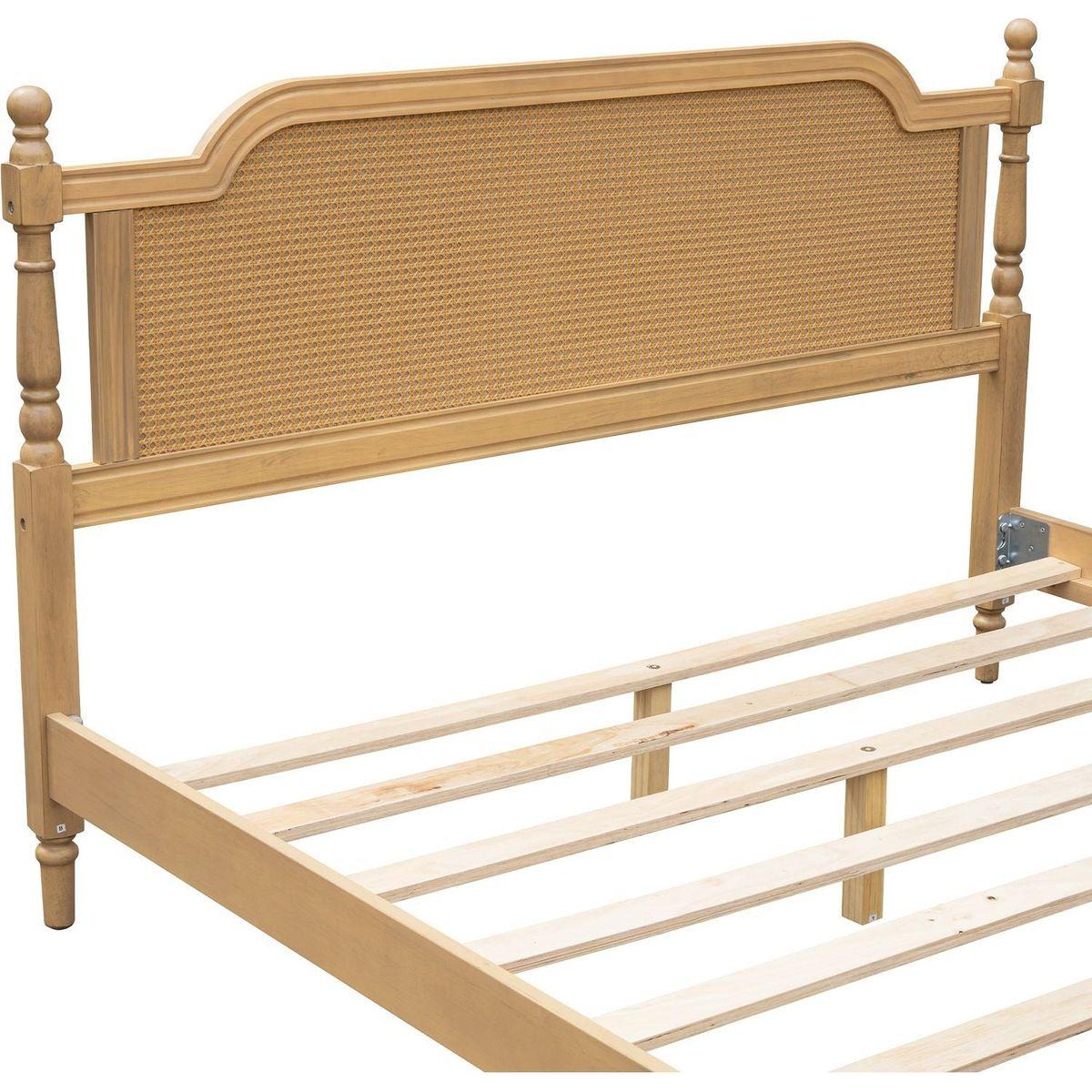 Traditional Style Rattan Queen Size Bed Frame,No Box Spring Needed,Antique Walnut