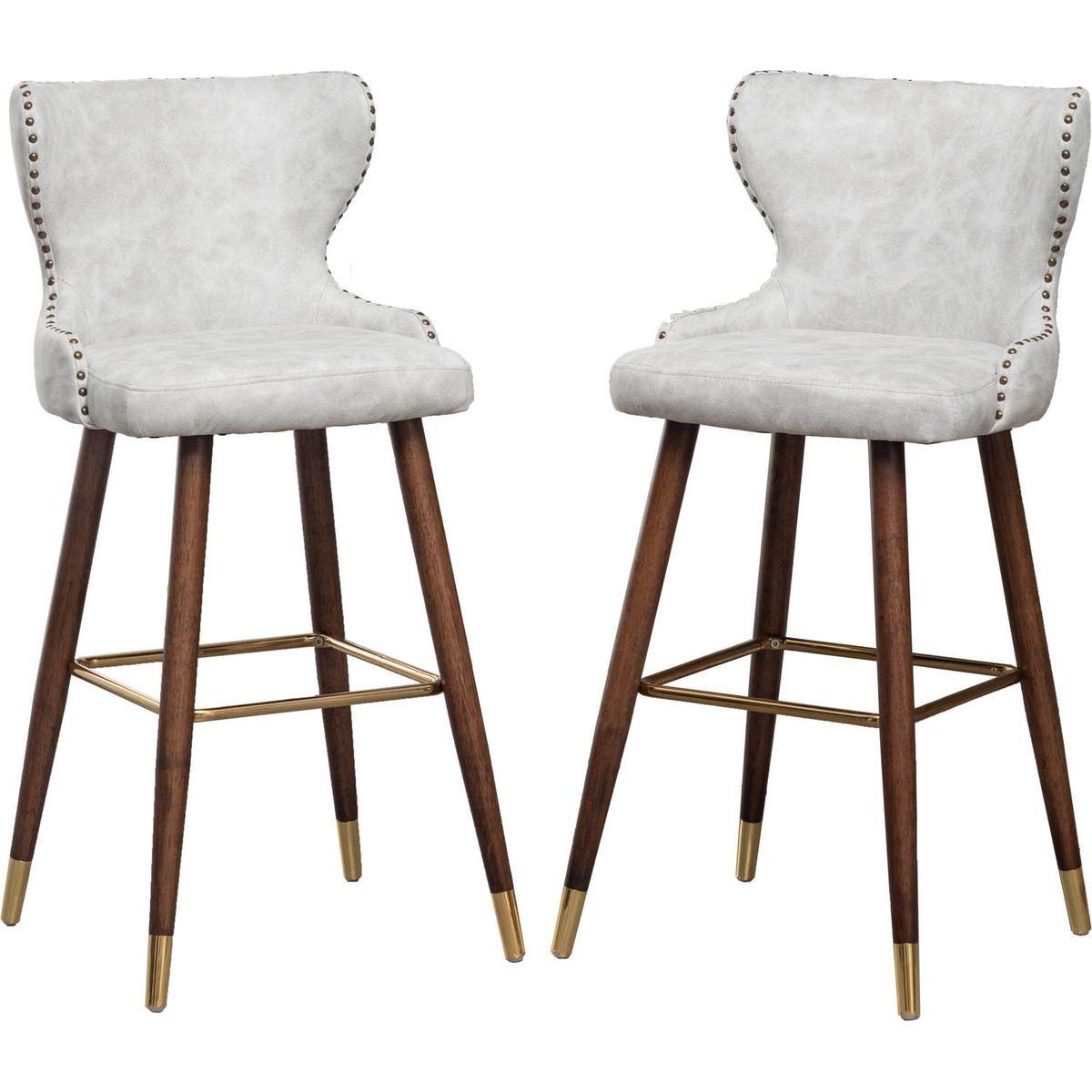 Nevis Mid-century Modern Faux Leather Tufted Nailhead Trim Barstool Set of 2, Off-White