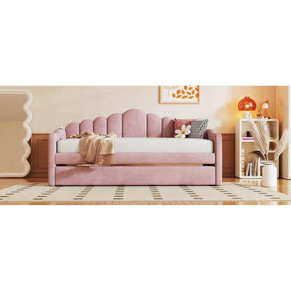 Twin size Upholstered Daybed with Trundle, Velvet Sofabed with USB Charging Ports,No Box-spring Needed,Pink
