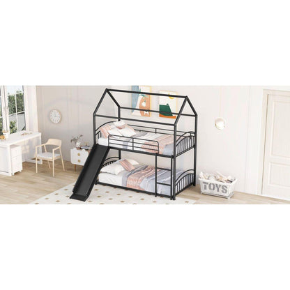 Twin Over Twin Metal Bunk Bed With Slide,Kids House Bed Black