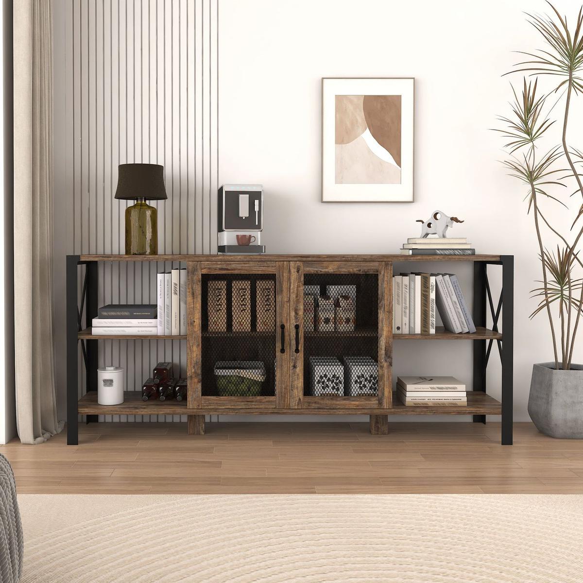 TV Stands for Living Room, Industrial TV Stand for Bedroom Furniture, Farmhouse TV Stand 80 Inch Television Stand, Modern Horizontal Wood and Metal Open Bookshelf