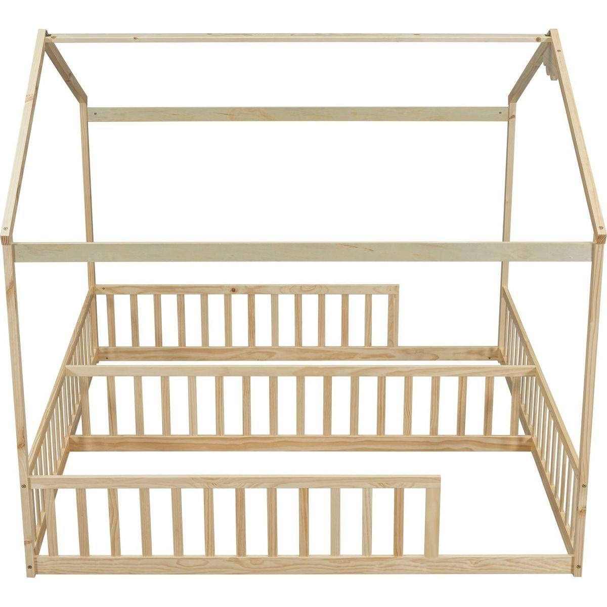 Double Twin House-Style Floor Bed with Fence, Guardrails, without door, Natural