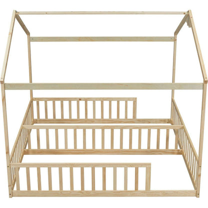 Double Twin House-Style Floor Bed with Fence, Guardrails, without door, Natural