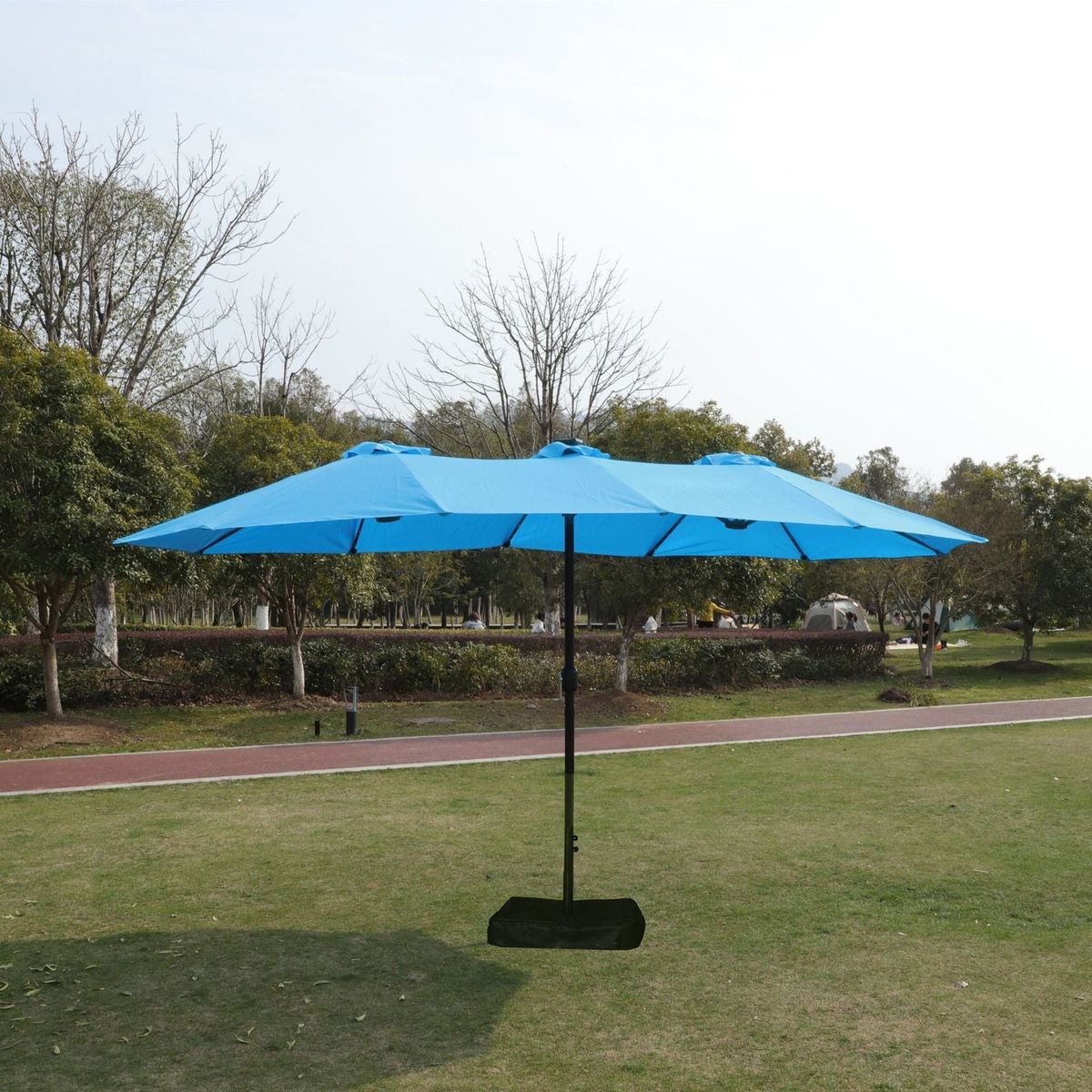 15x9ft Large Double-Sided Rectangular Outdoor Twin Patio Market Umbrella with light and base- blue