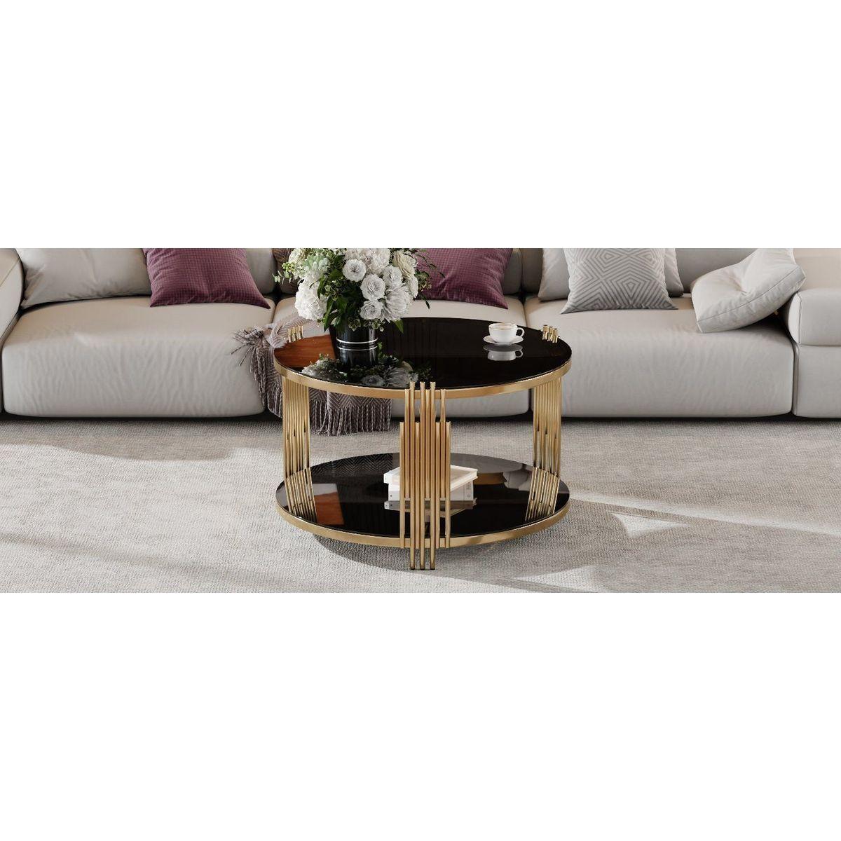 Modern Black Mirror Coffee Table, Asymmetrical Metal, Circular Metal Drum Base, Gold Finish & Lower Shelf