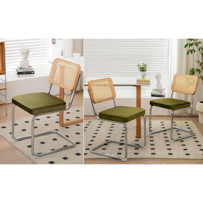 Dining Chairs Set of 2, Velvet Rattan Side Accent Chairs with Chrome Legs, Modern Mid Century Breuer Designed Chairs, Upholstered Dining Living Room Kitchen Chairs (Olive Green-2pcs)