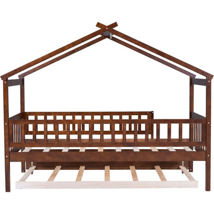 Twin Size Wooden House Bed with Twin Size Trundle, Walnut