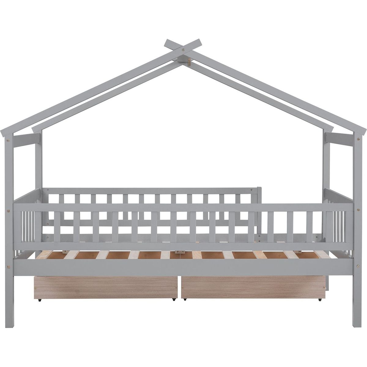Twin Size Wooden House Bed with Two Drawers, Gray