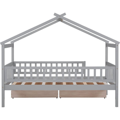 Twin Size Wooden House Bed with Two Drawers, Gray