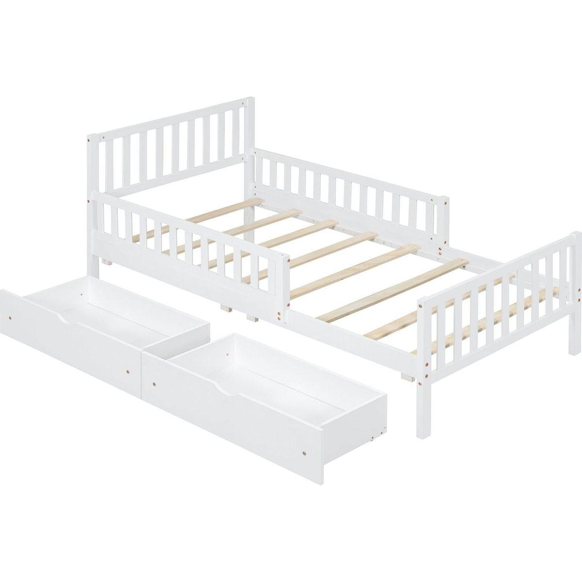 Twin Size Wood Platform Bed with Guardrails on Both Sides and Two Storage Drawers, White