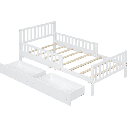 Twin Size Wood Platform Bed with Guardrails on Both Sides and Two Storage Drawers, White