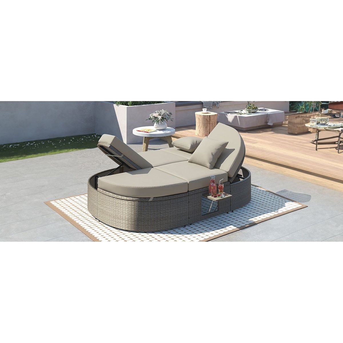 Outdoor Sun Bed Patio 2-Person Daybed with Cushions and Pillows, Rattan Garden Reclining Chaise Lounge with Adjustable Backrests and Foldable Cup Trays for Lawn,Poolside, Gray