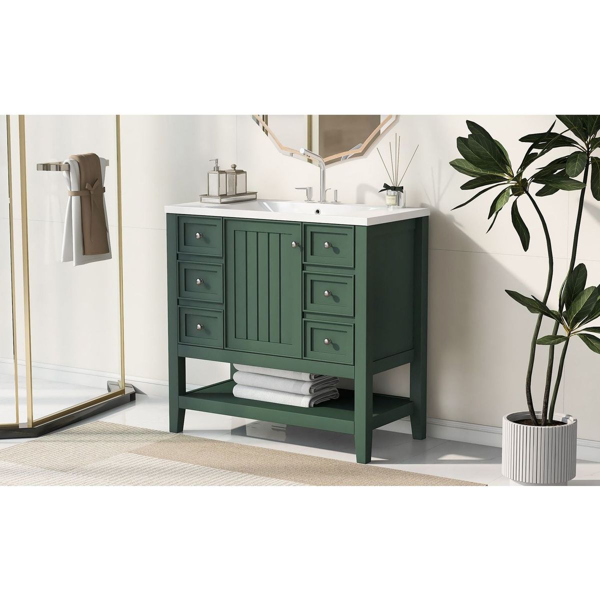 36" Bathroom Vanity with Sink Combo, One Cabinet and Three Drawers, Solid Wood and MDF Board, Green