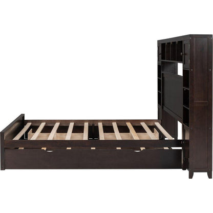 Queen Size Wooden Bed With All-in-One Cabinet, Shelf and Sockets, Espresso