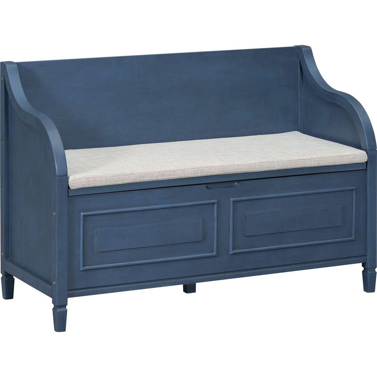 Rustic Style Solid wood Entryway Multifunctional Storage Bench with Safety Hinge (Antique Navy+ Beige)