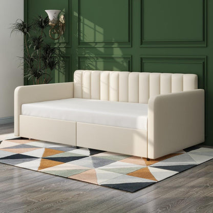 Flora Upholstered Daybed with 2 Drawers, Twin, Ivory Velvet, Ribbed Tufted Backrest, Daybed in Lavish Modern Design