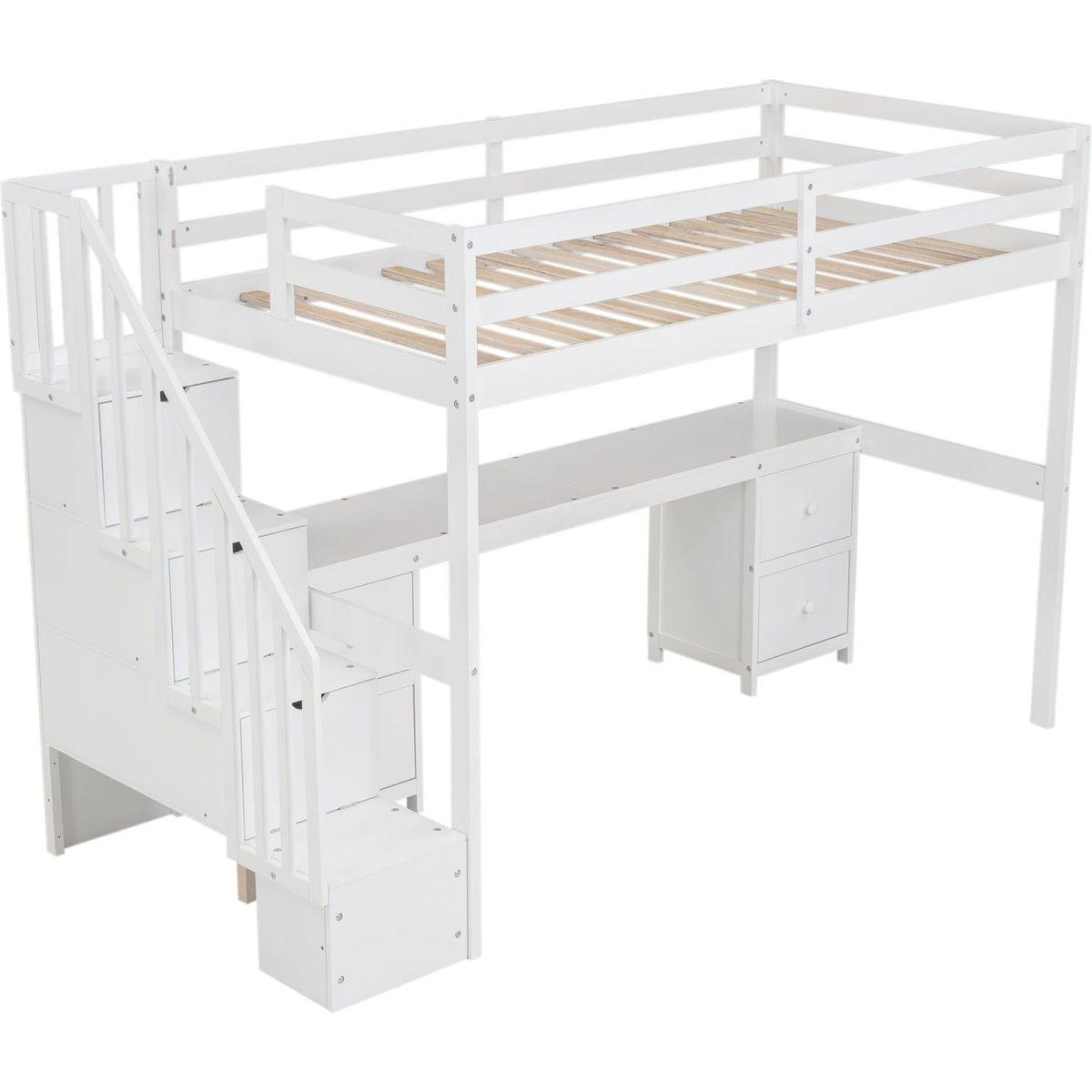 Twin Size Loft Bed Frame with Built-in Desk and Double Storage Drawers,White
