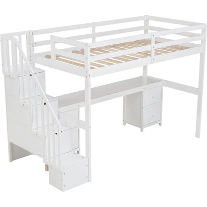Twin Size Loft Bed Frame with Built-in Desk and Double Storage Drawers,White