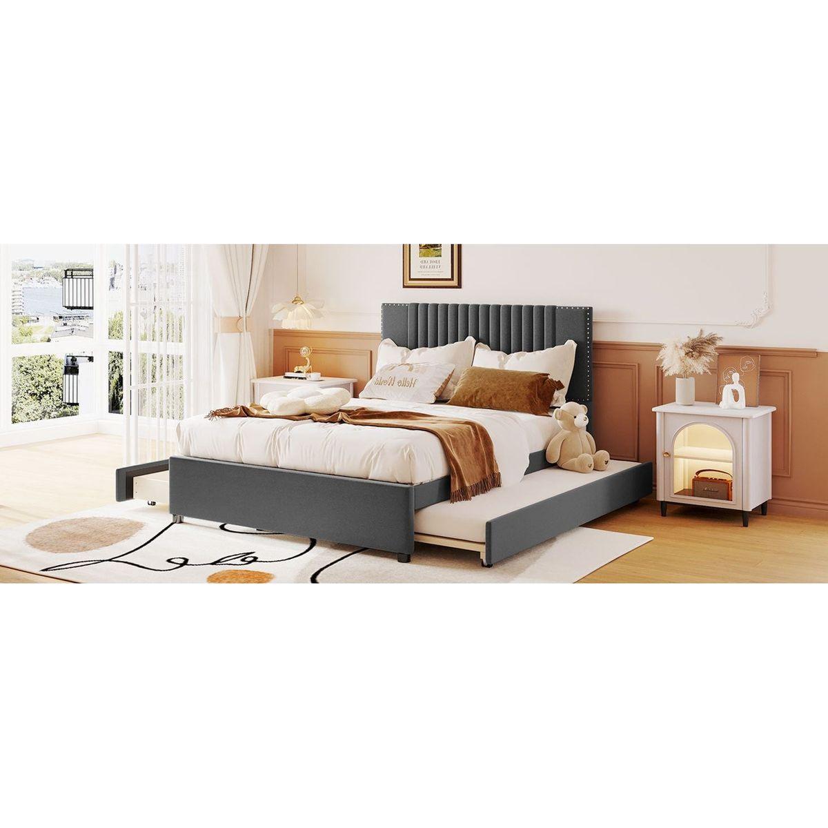 Full Size Upholstered Platform Bed with 2 Drawers and 1 Twin Size Trundle, Classic Headboard Design, Gray