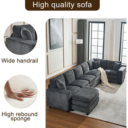 Modern U Shaped 6-seat Sectional Sofa Couch with one Ottoman and three toss pillows, Modular Sofa for Living Room,Corduroy sofa