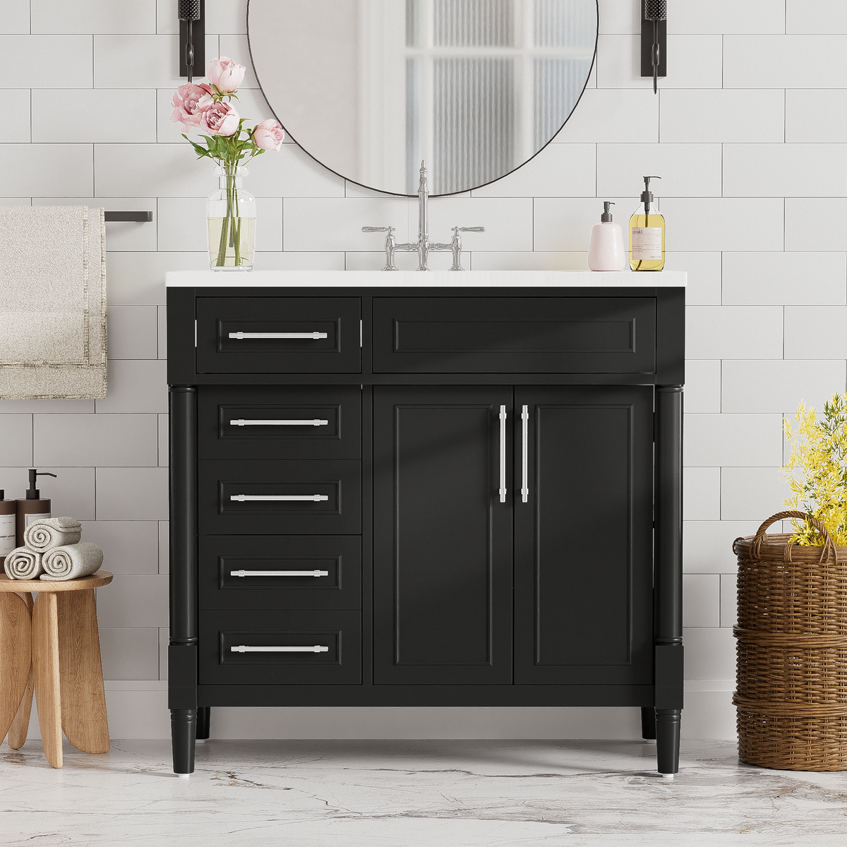 36" Bathroom Vanity with Top Resin Sink, Freestanding Bathroom Storage Cabinet with 2 Drawers and a Tip-out Drawer, Solid Wood Frame Vanity Set, Height Adjustable Shelf