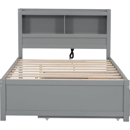 Full Size platform bed with trundle, drawers and USB plugs, Gray
