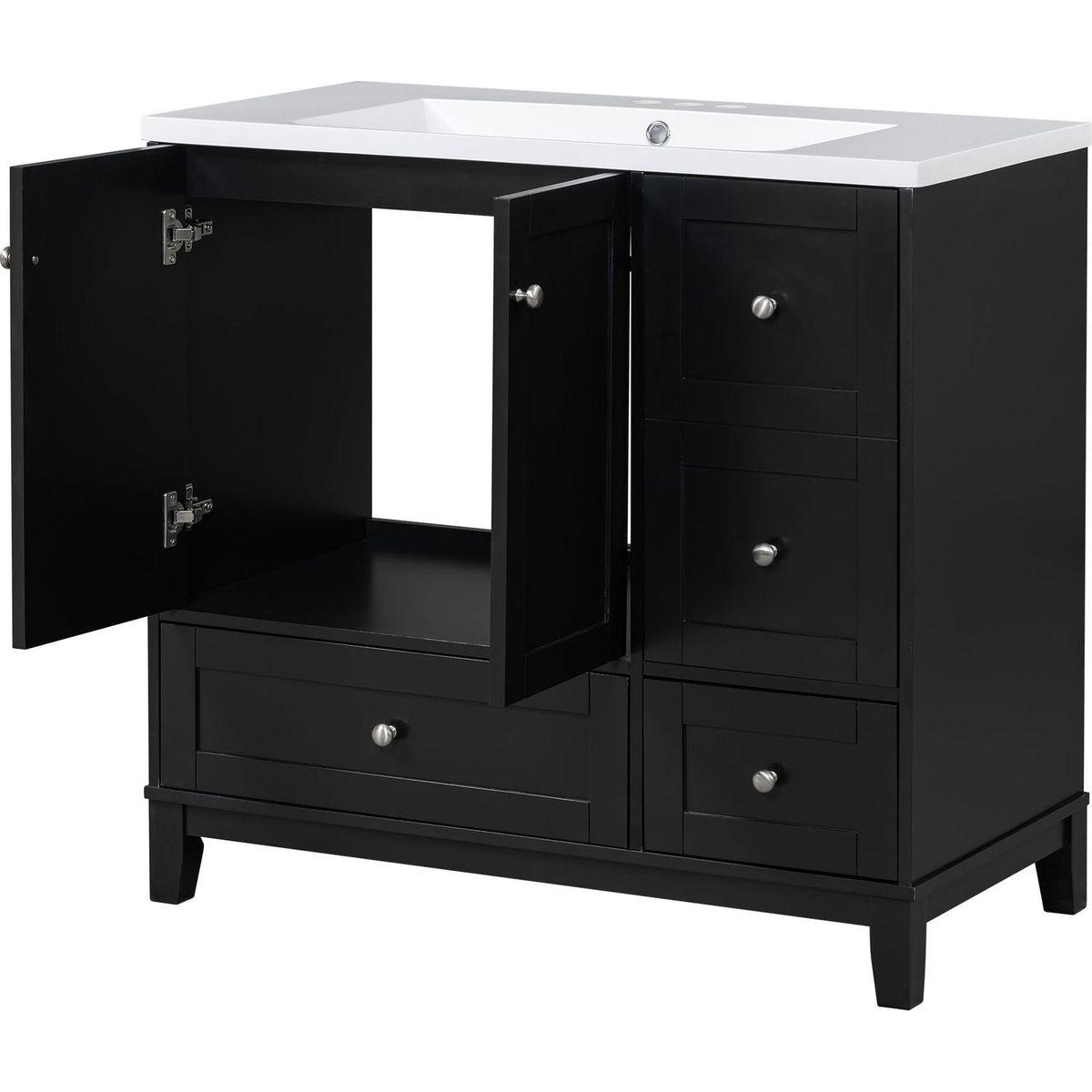 36 Inch Modern Bathroom Vanity with USB Charging, Two Doors and Three Drawers Bathroom Storage Vanity Cabinet, Small Bathroom Vanity cabinet with single sink, Black - Faucets Not Included