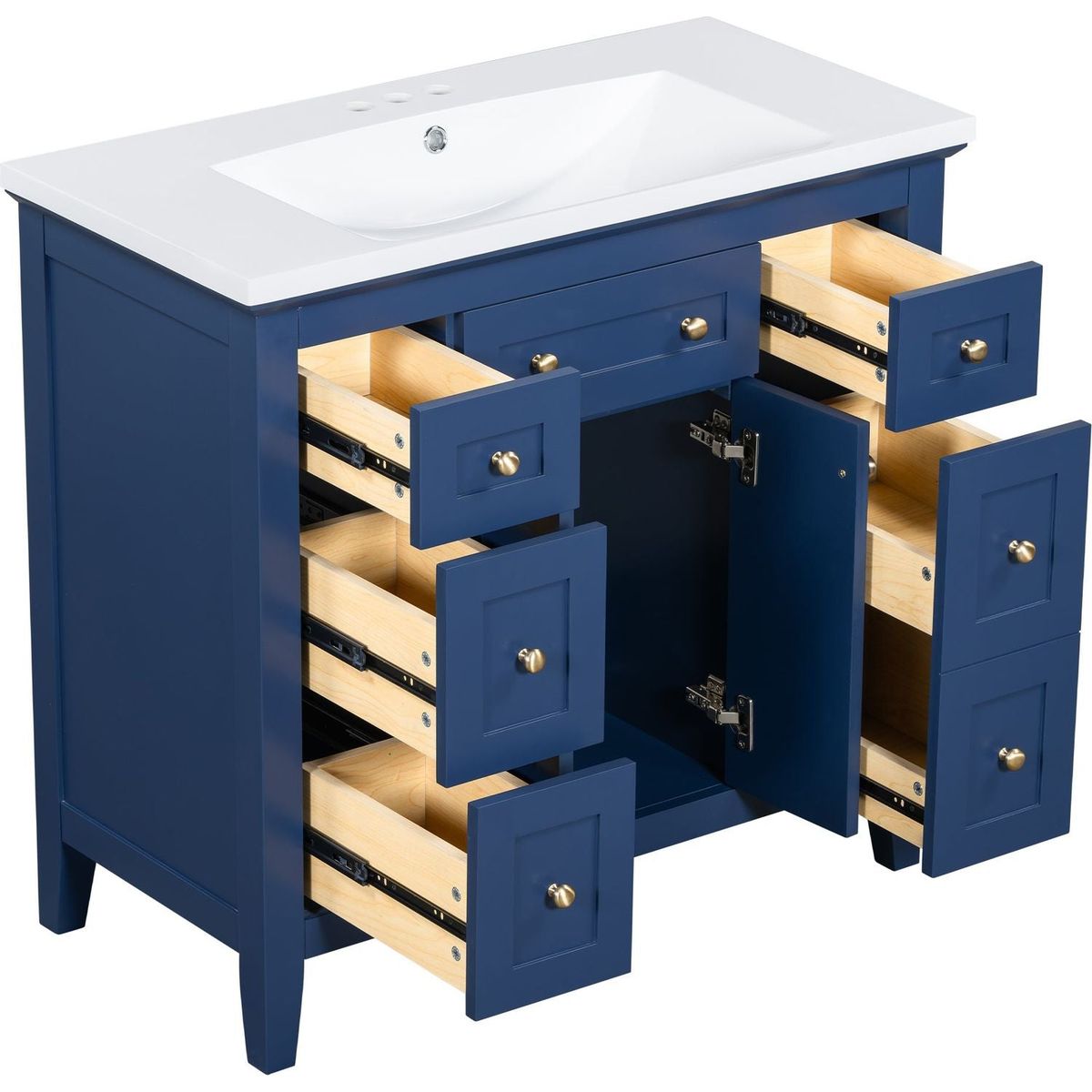 36" Bathroon Vanity with Resin Sink Combo Set, Modern Freestanding Single Bathroom Cabinet with 6 Drawers & 2 Cabinets, Storage Cabinet for Bathroom, Solid Wood Frame Vanity Set, Blue