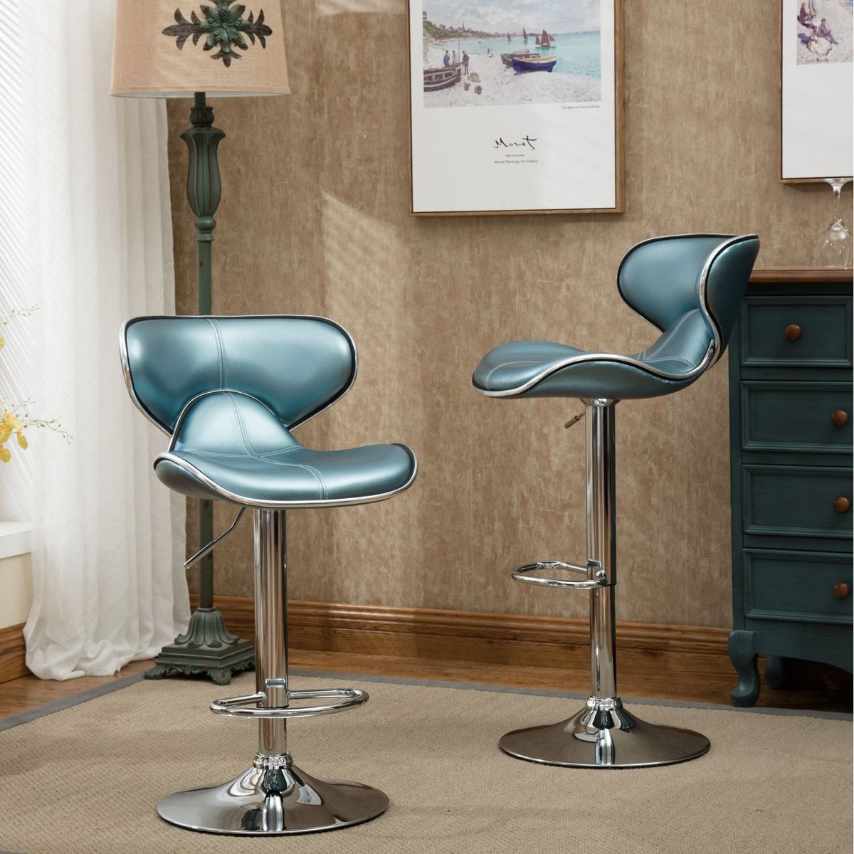 Masaccio Upholstery Airlift Adjustable Swivel Barstool with Chrome Base, Set of 2, Blue