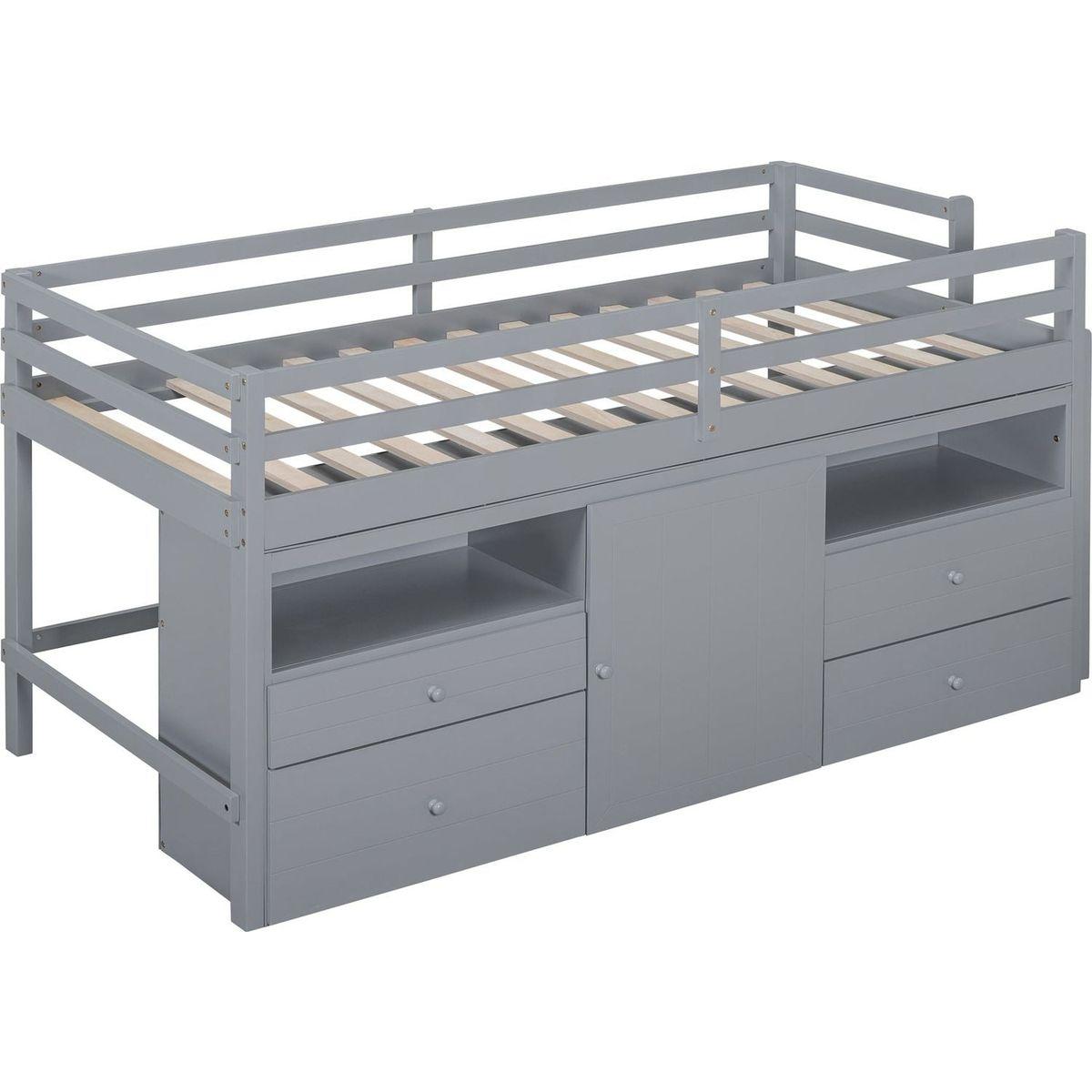Twin Size Loft Bed with 4 Drawers, Underneath Cabinet and Shelves, Gray