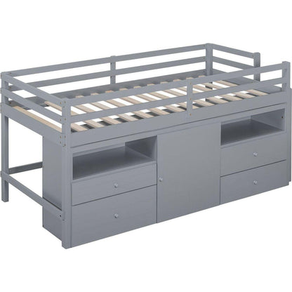 Twin Size Loft Bed with 4 Drawers, Underneath Cabinet and Shelves, Gray
