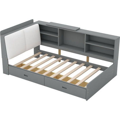 Wood Twin Size platform bed with Storage Headboard, Shelves and 2 Drawers, Gray