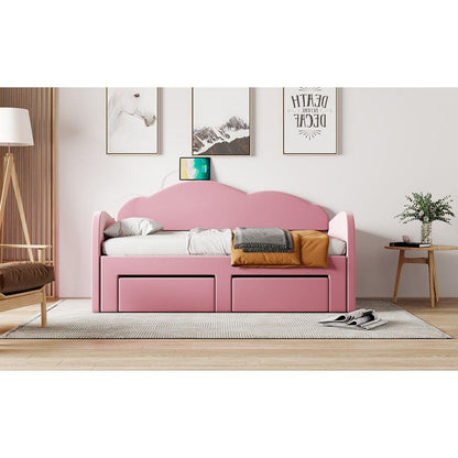 Twin Size Upholstered daybed with Cloud-Shaped Backrest, Trundle & 2 Drawers and USB Ports, Pink