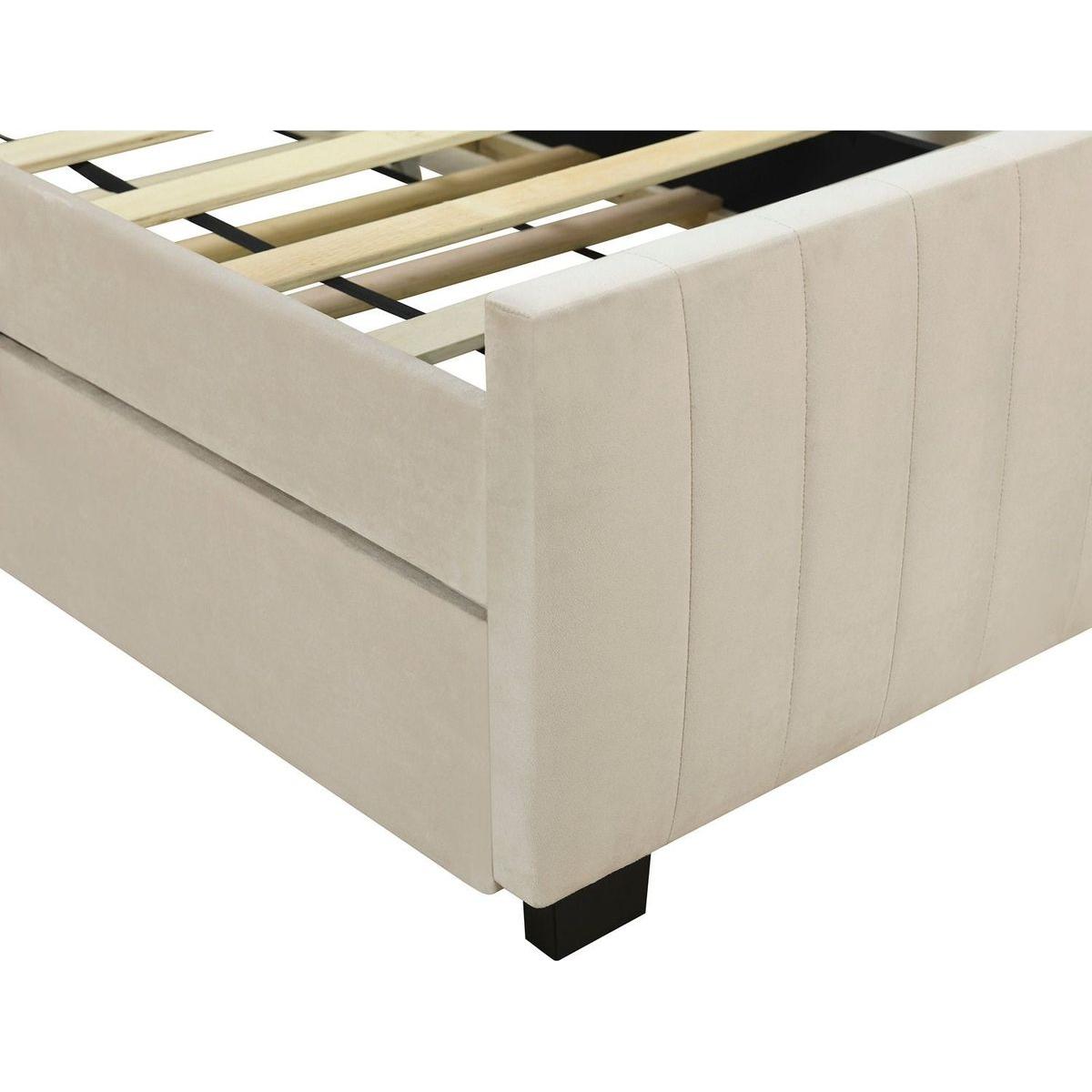 Twin Size Velvet Upholstered Platform Bed with Twin Size Trundle, Beige