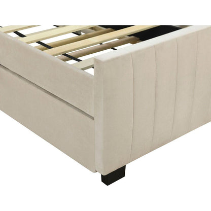 Twin Size Velvet Upholstered Platform Bed with Twin Size Trundle, Beige
