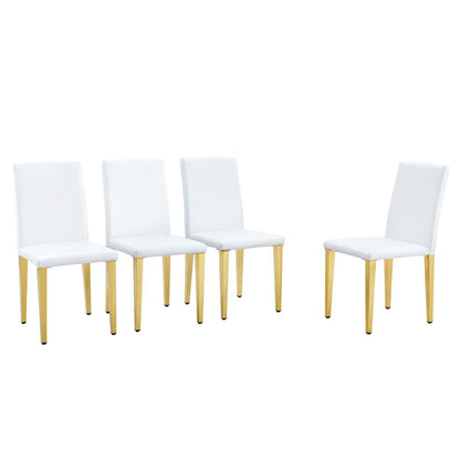A Set of 4 White PU Leather Backrest Chairs with Gold Metal Legs - A Perfect Match, Suitable for Minimalist and Contemporary Home Décor Styles, With Product Dimensions of 16.2*18.5*34.6 inches