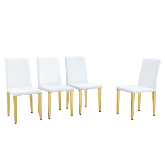 A Set of 4 White PU Leather Backrest Chairs with Gold Metal Legs - A Perfect Match, Suitable for Minimalist and Contemporary Home Décor Styles, With Product Dimensions of 16.2*18.5*34.6 inches