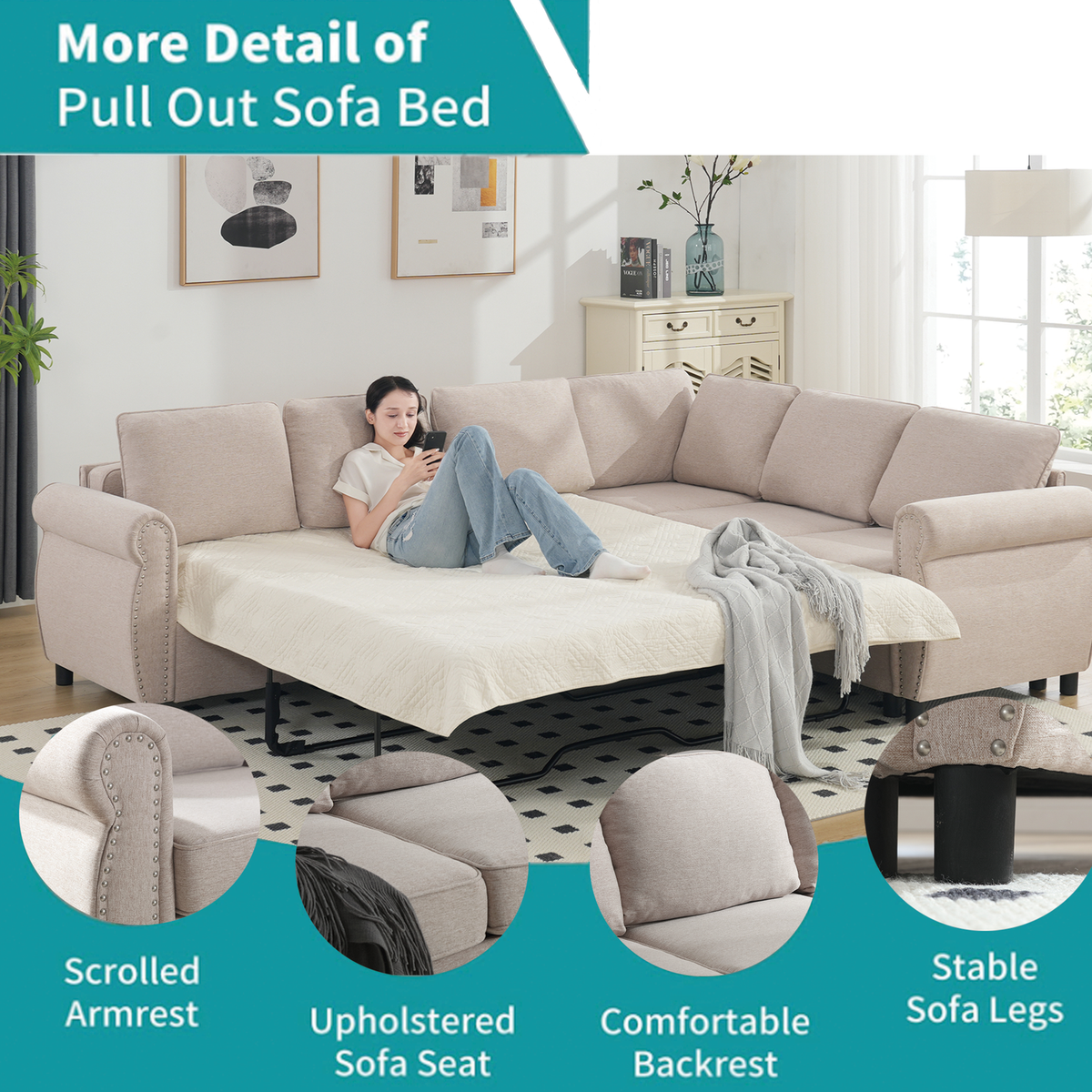 Sleeper Sofa, 2 in 1 Pull Out Couch Bed,6 seater sofa bed, L Shaped Sleeper Sectional Sofa Couch,Riveted sofa,104" Large combined sofa Bed in living room, Beige
