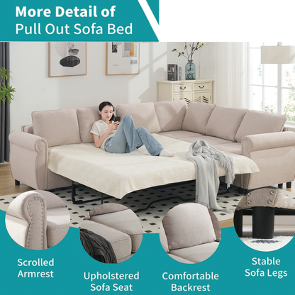 Sleeper Sofa, 2 in 1 Pull Out Couch Bed,6 seater sofa bed, L Shaped Sleeper Sectional Sofa Couch,Riveted sofa,104" Large combined sofa Bed in living room, Beige
