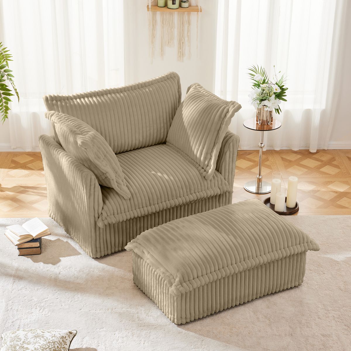 Upholstered Slipcovered Armchair with Ottoman,  Deep Seat Armchair W/ Wide Ottoman for Living Room, Armchair Sets with Large Soft Pillows(Set of 2), Camel Corduroy Fabric