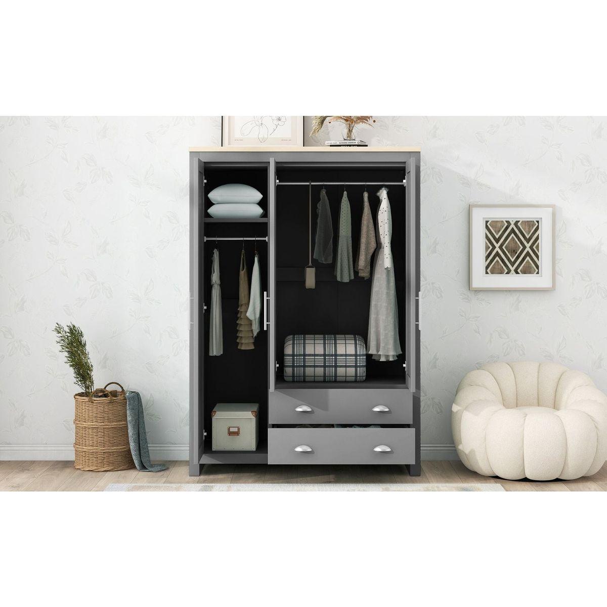 Three Door Storage Wardrobe with Cabinets and Two Hanging Rods,Gray