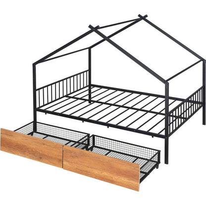 Full Size Metal House Bed with Two Drawers, Black