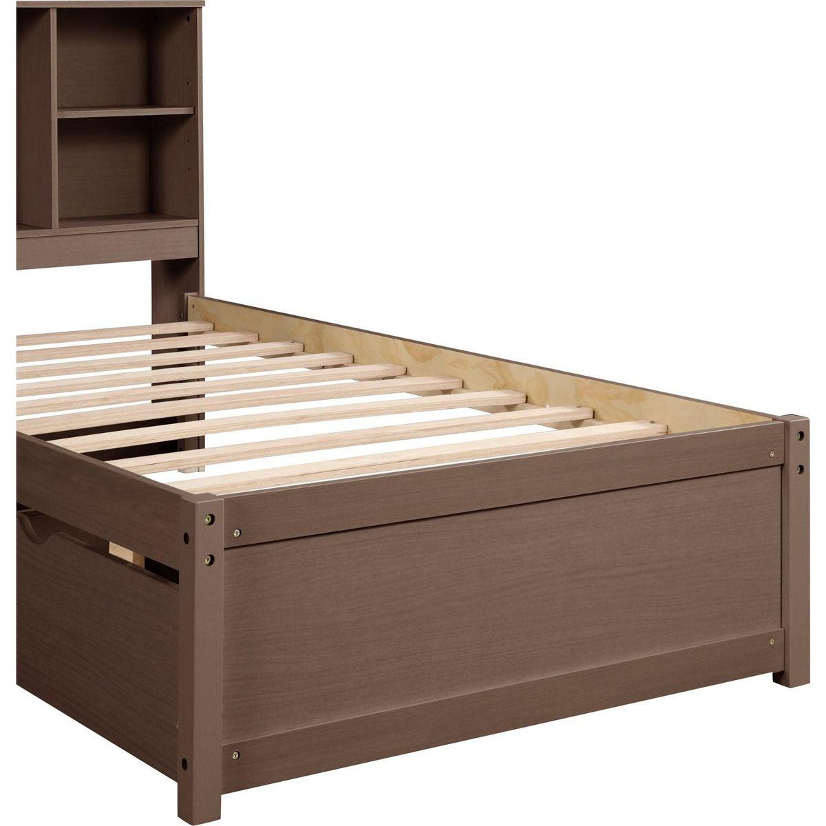 Modern Twin Size Bed Frame With Built-in USB Port on Bookcase Headboard and 2 Drawers for Walnut Color