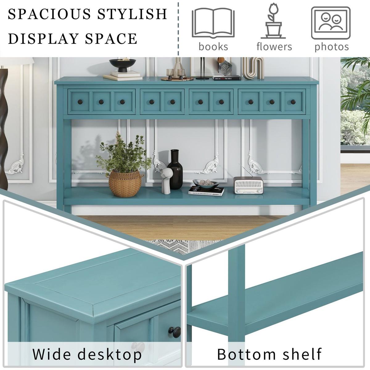 Rustic Entryway Console Table, 60" Long Sofa Table with two Different Size Drawers and Bottom Shelf for Storage (Turquoise Green)