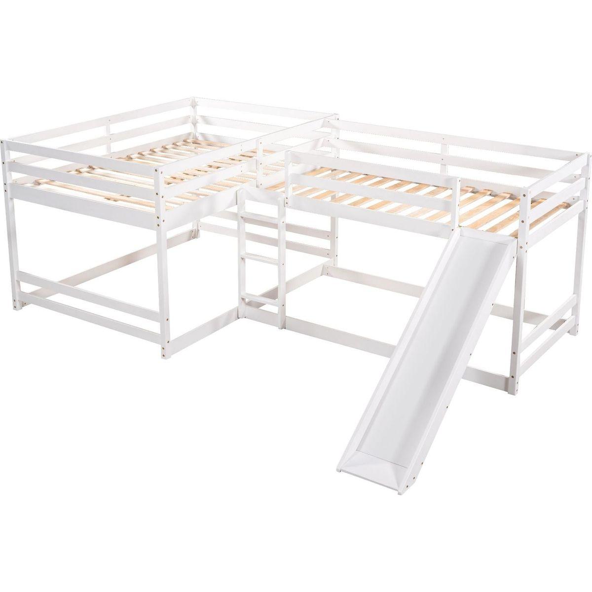 Full and Twin Size L-Shaped Bunk Bed with Slide and Short Ladder,White