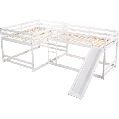 Full and Twin Size L-Shaped Bunk Bed with Slide and Short Ladder,White