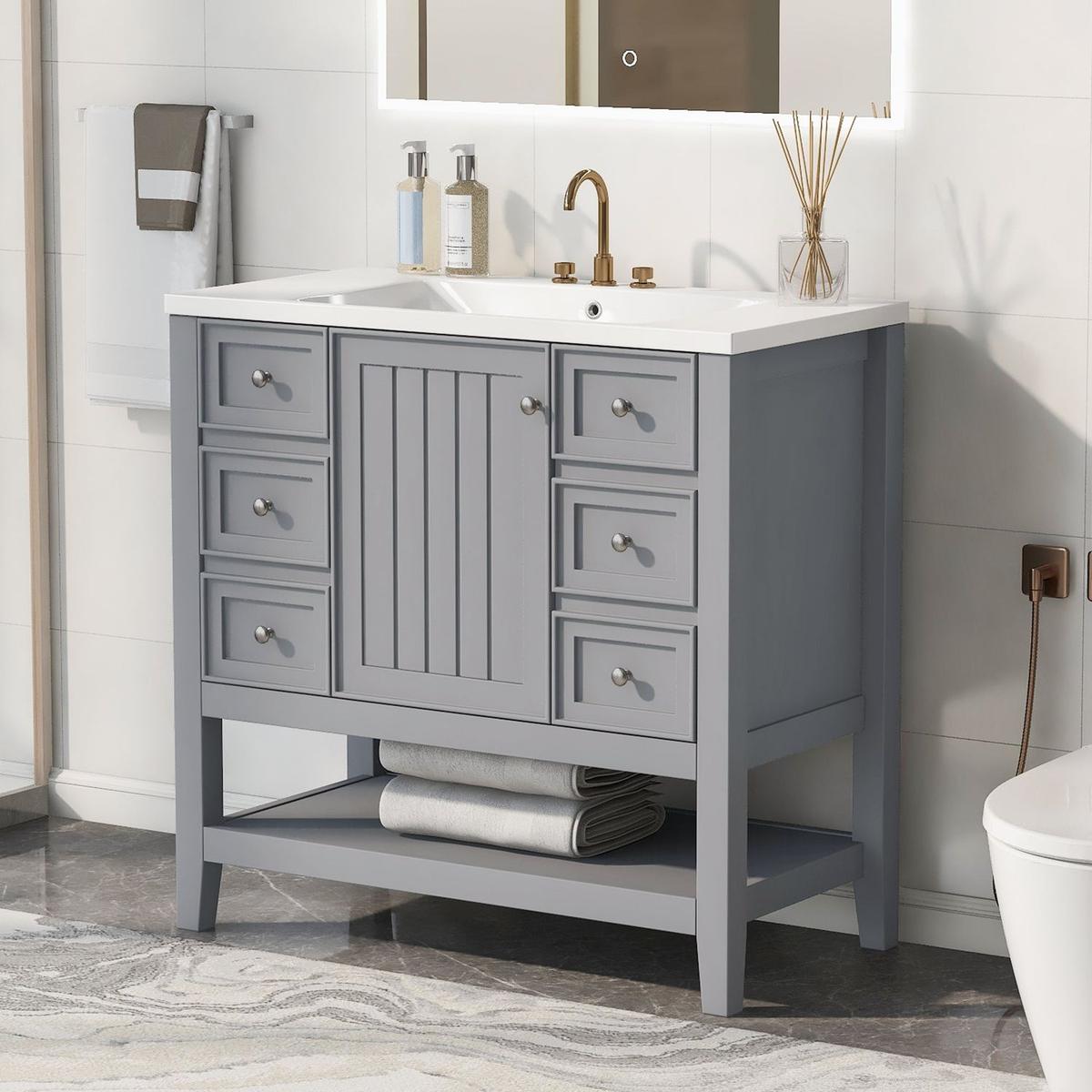 36" Bathroom Vanity with Sink Combo, One Cabinet and Three Drawers, Solid Wood and MDF Board, Grey